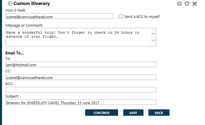 Custom Itinerary Email Options